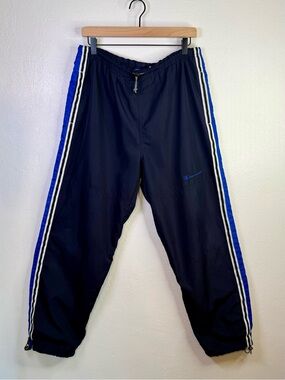 VTG 90s Champion Nylon Track Pants Baggy Windbreaker Navy Blue Striped Size Med.